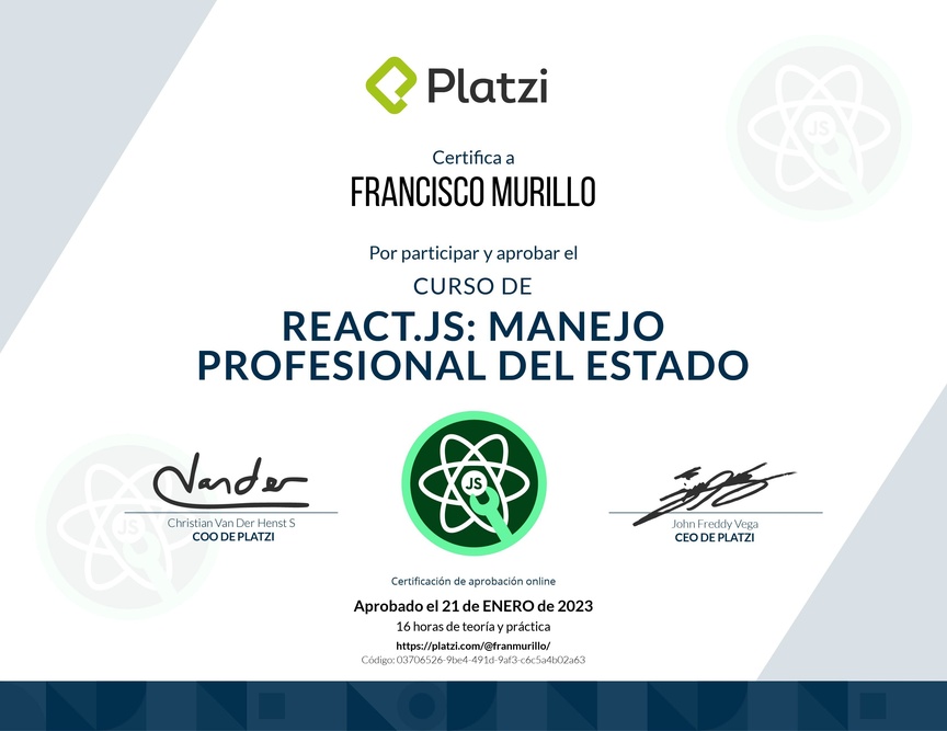 Diploma del Curso de React.js: Manejo Profesional del Estado