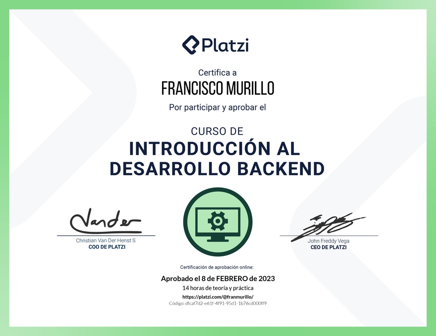 Diploma del Curso de Introducción al Desarrollo Backend