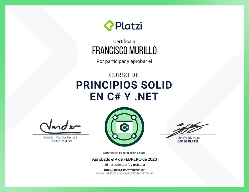 Diploma del Curso de Principios SOLID en C# y .NET