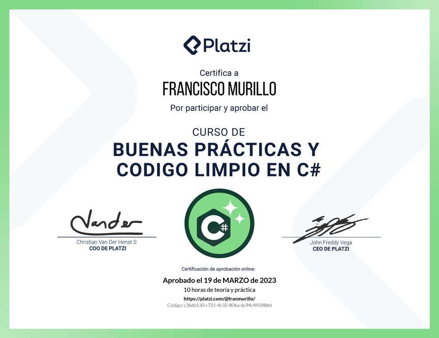 Diploma del Curso de Buenas Prácticas y Código Limpio en C#