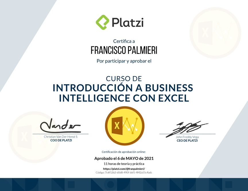 Diploma del Curso de Introducción a Business Intelligence con Excel