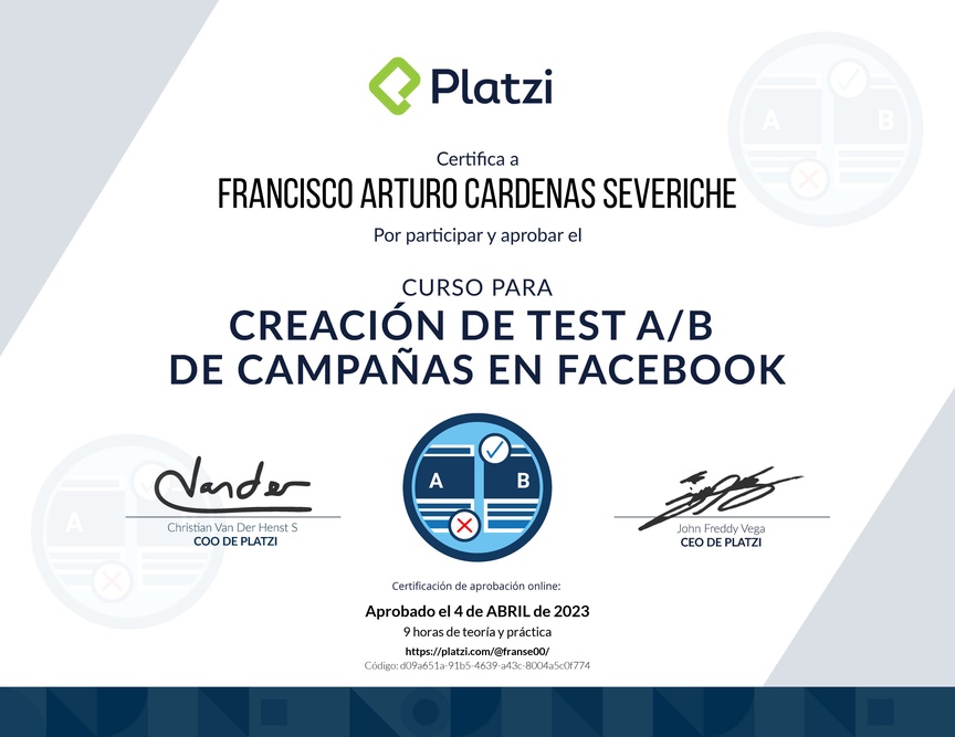 Diploma del Curso para Crear Campañas de A/B Testing en Facebook Ads
