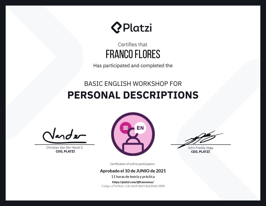 Diploma del Curso de Inglés Práctico para Descripciones Personales (2020=