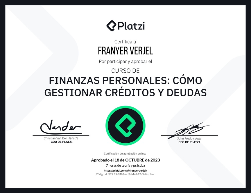 Diploma del Curso de Finanzas Personales: Cómo Gestionar Créditos y Deudas