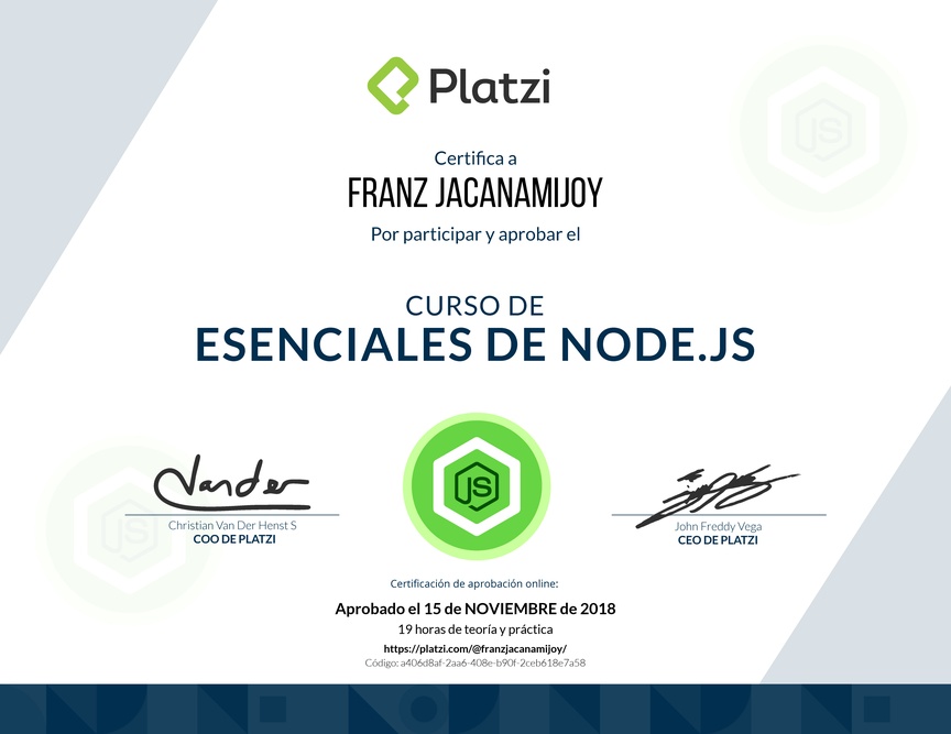 Diploma del Curso de Esenciales de Node.js 2018