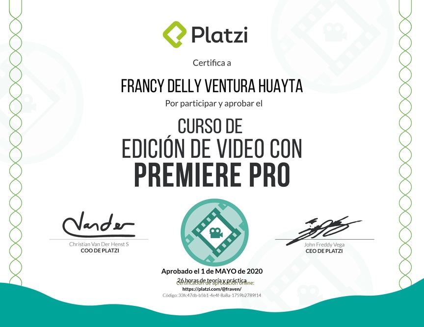 Diploma del Curso de edición de video con Premiere Pro 2016