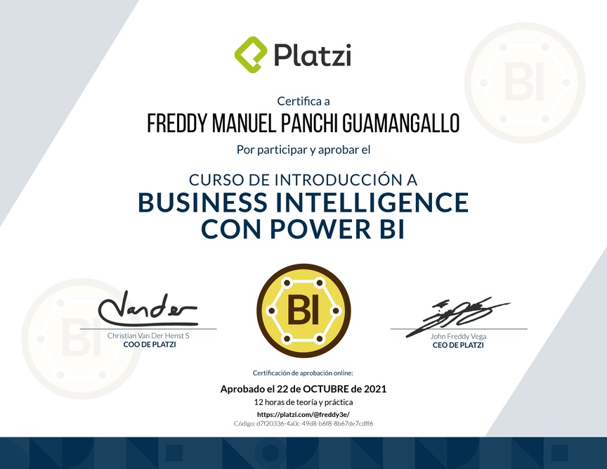 Diploma del Curso de Introducción a Business Intelligence con Power BI