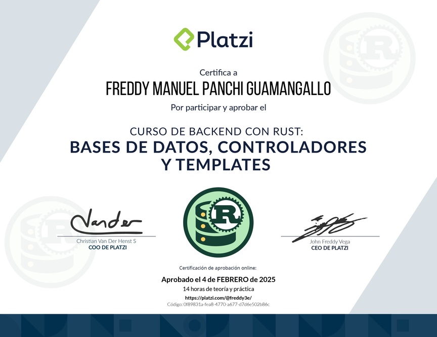 Diploma del Curso de Backend con Rust: Bases de Datos, Controladores y Templates