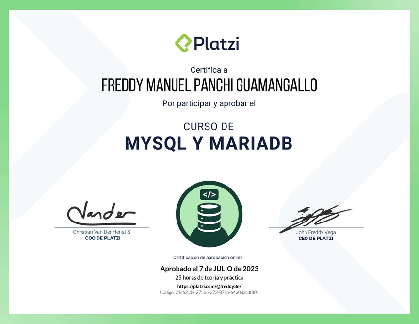 Diploma del Curso de Bases de Datos con MySQL y MariaDB