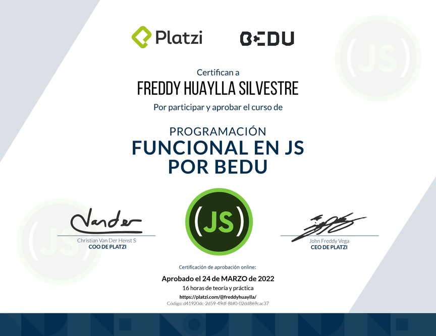 Diploma del Curso de Programación Funcional en JavaScript por Bedu
