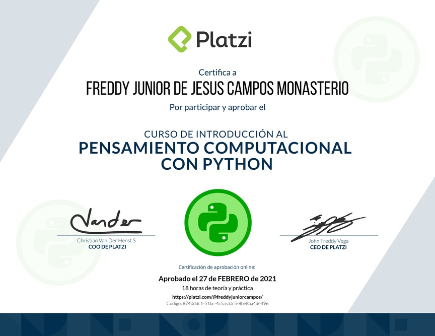 Diploma del Curso de Introducción al Pensamiento Computacional con Python