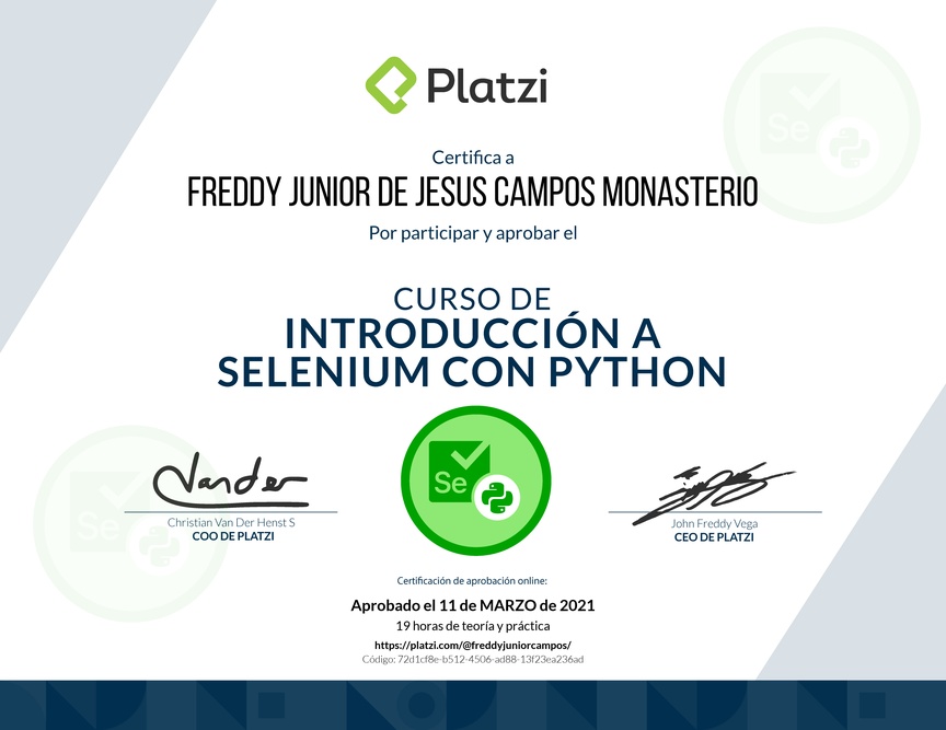 Diploma del Curso de Introducción a Selenium con Python