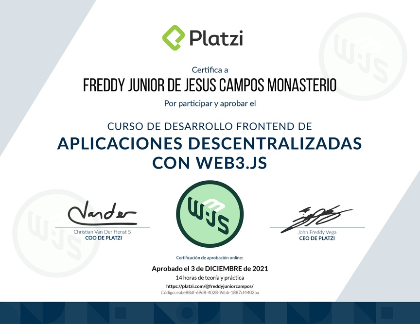 Diploma del Curso de Desarrollo Frontend de Aplicaciones Descentralizadas con Web3.Js