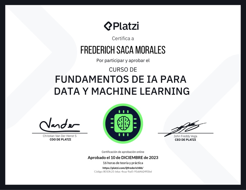 Diploma del Curso de Fundamentos de AI para Data y Machine Learning