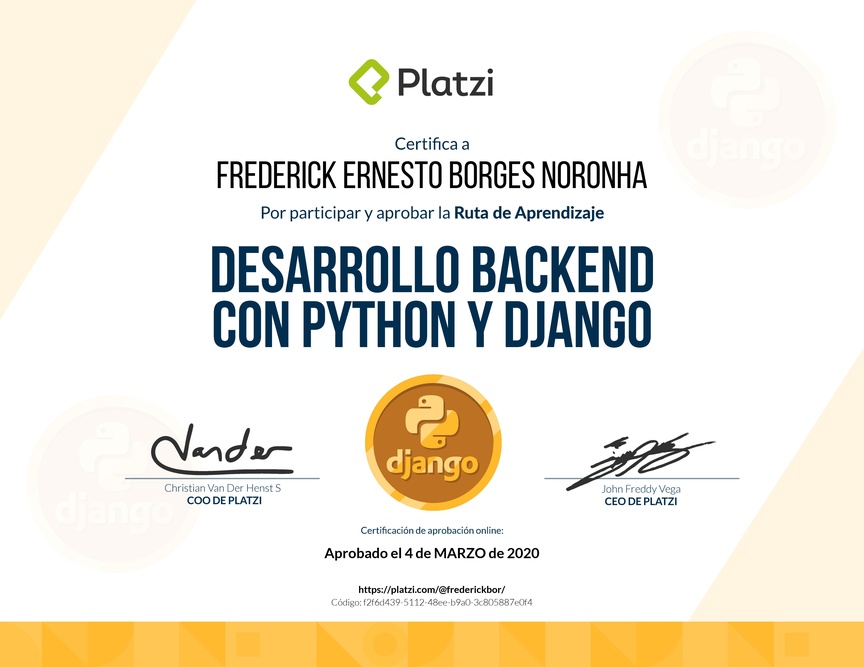 Diploma de la Ruta de Aprendizaje de Desarrollo Backend con Python y Django