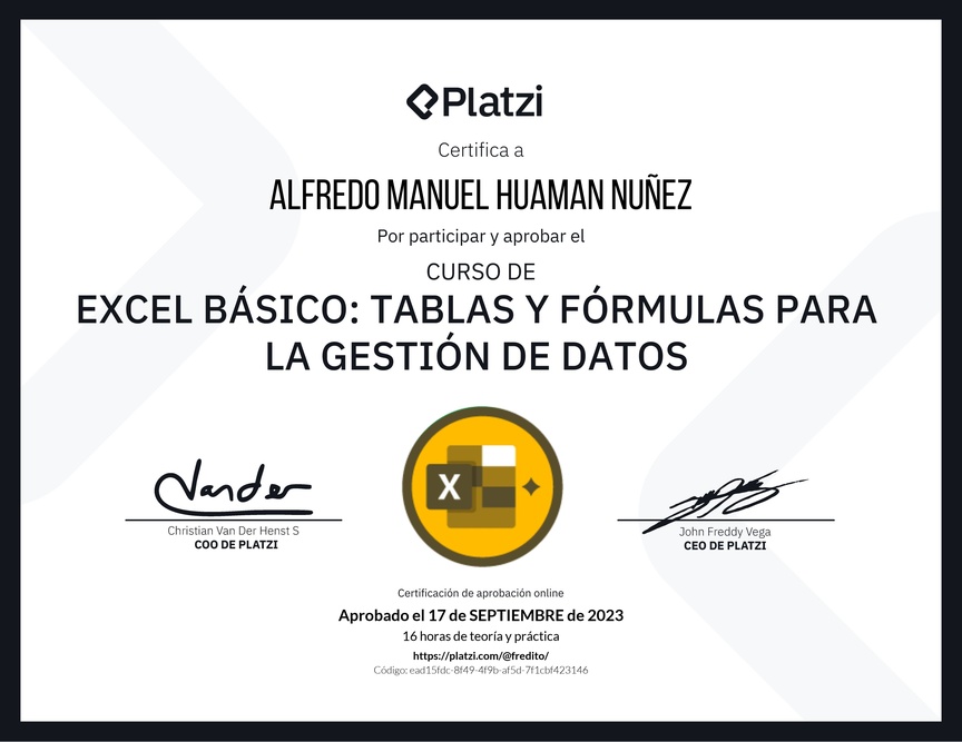 Diploma del Curso de Excel Básico: Tablas y Fórmulas para la Gestión de Datos