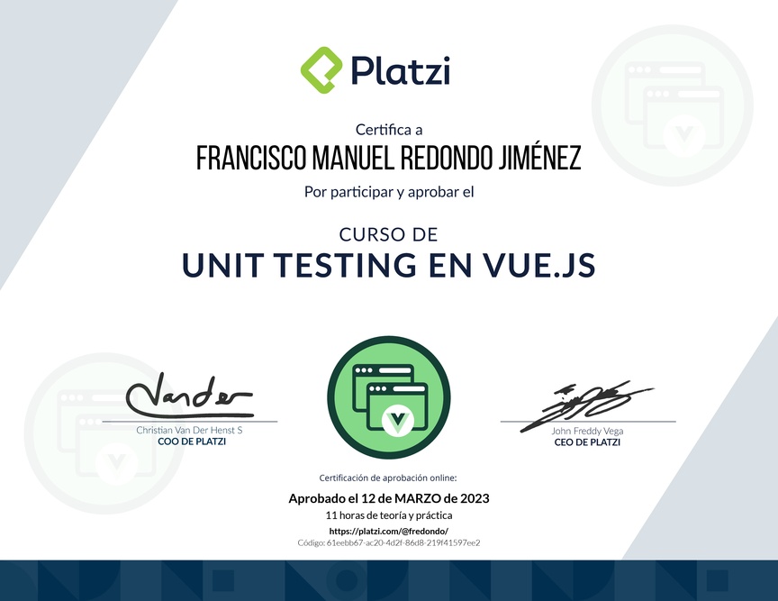 Diploma del Curso de Unit Testing en Vue.js 3