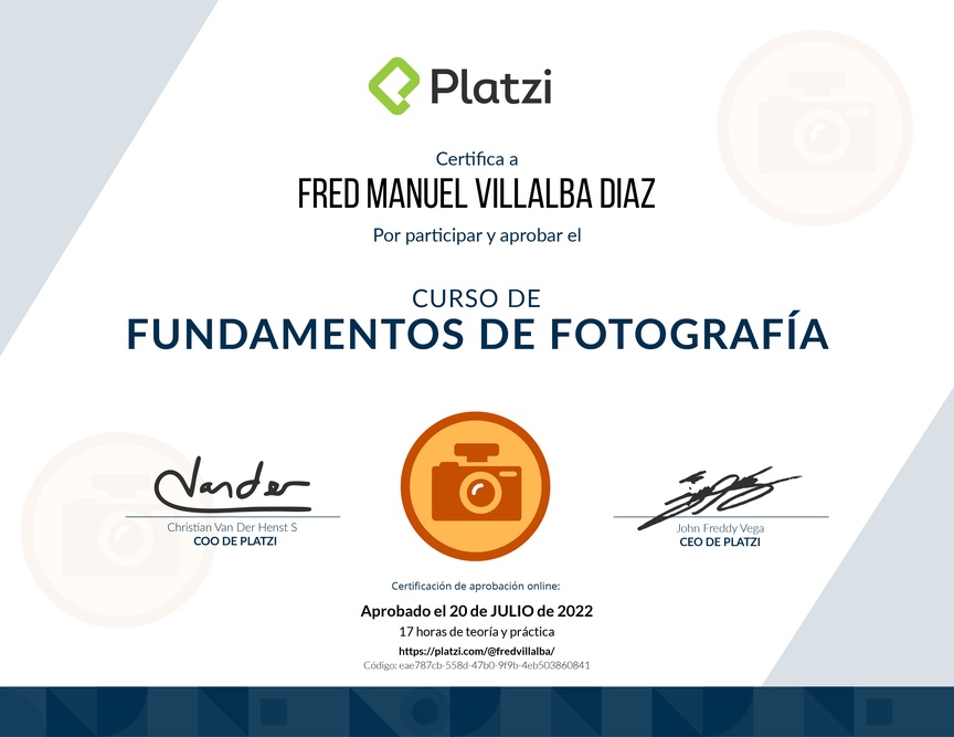 Diploma del Curso de Fotografía: Principios y Técnicas