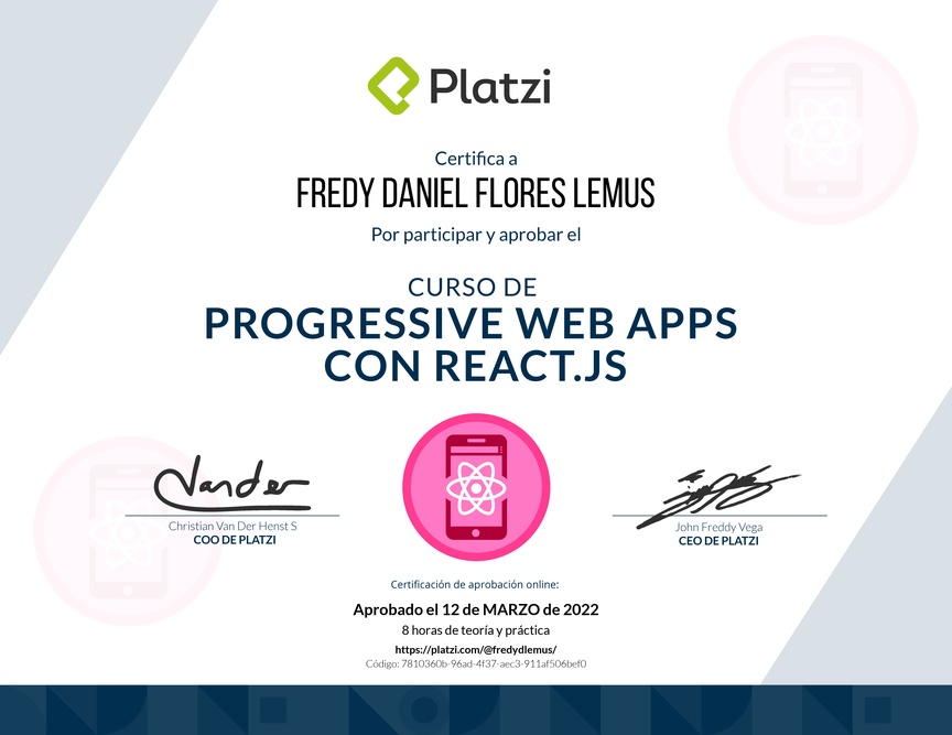 Diploma del Curso de Progressive Web Apps con React.js