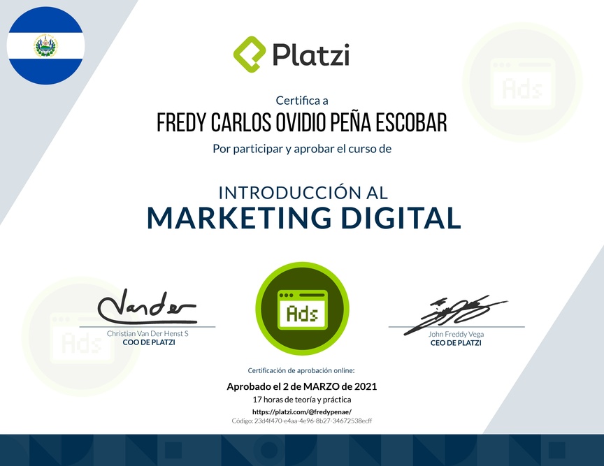 Diploma del Curso de Introducción al Marketing Digital (2018)