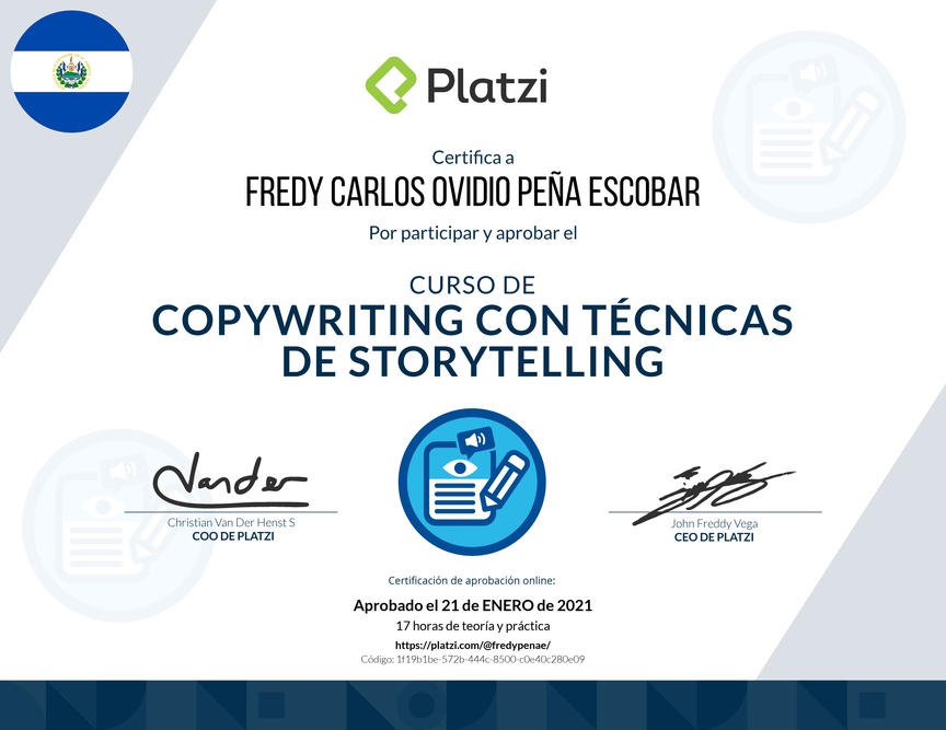 Diploma del Curso de Copywriting con Técnicas de Storytelling