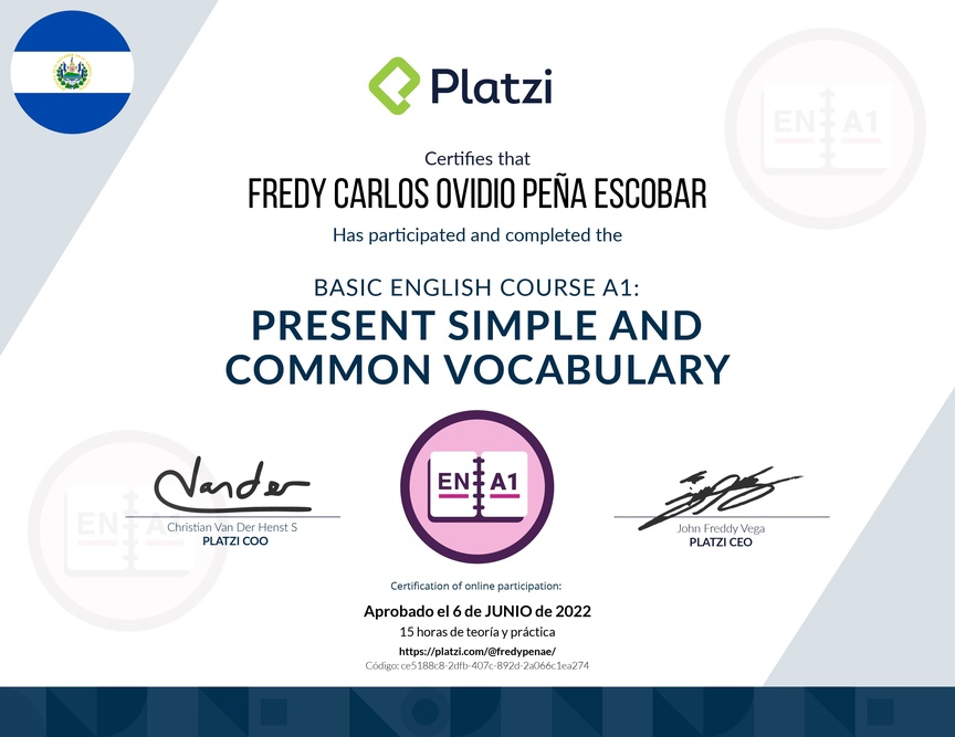 Diploma del Curso de Inglés Básico A1: Presente Simple y Vocabulario Común (2021)