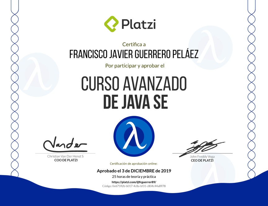 Diploma del Curso Avanzado de Java SE