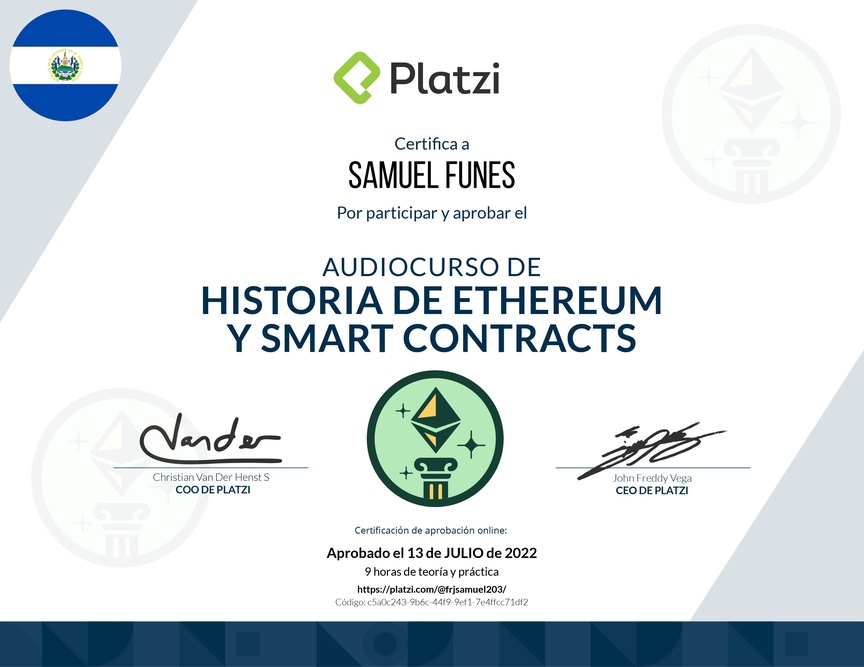 Diploma de Audiocurso de Historia de Ethereum y Smart Contracts