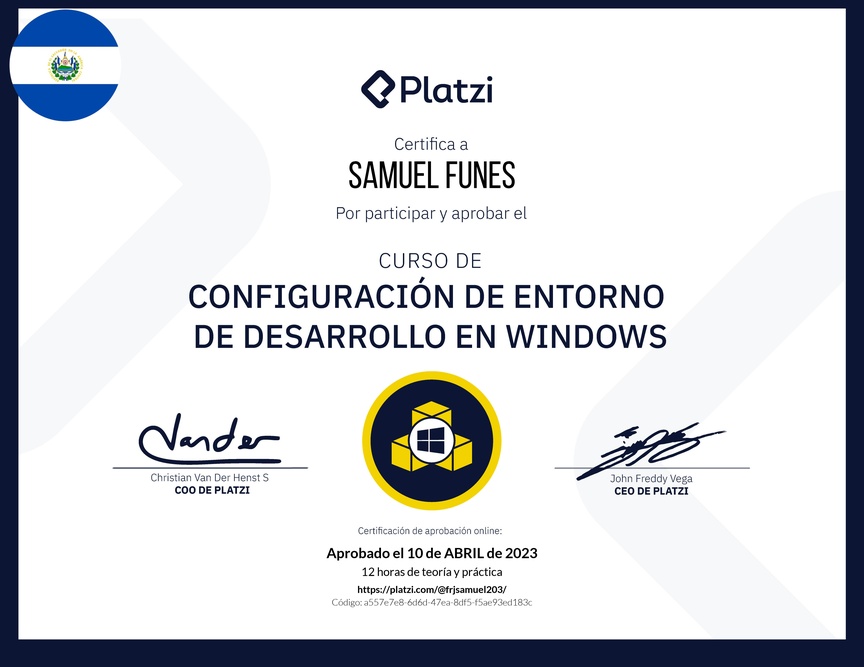 Diploma del Curso de Configuración de Entorno de Desarrollo en Windows