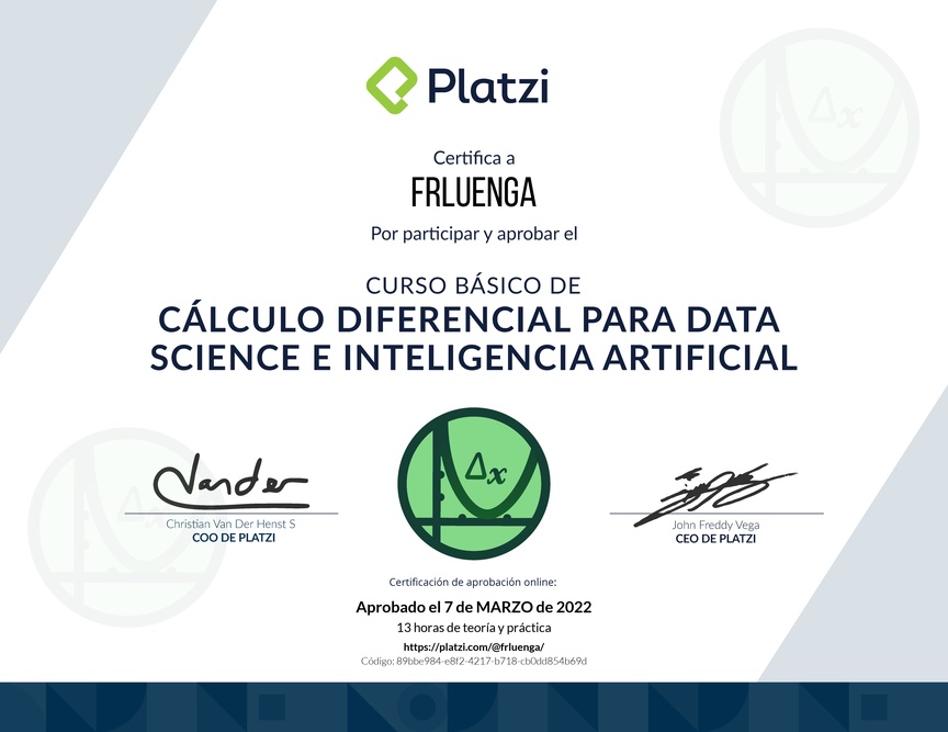 Diploma del Curso Básico de Cálculo Diferencial para Data Science e Inteligencia Artificial