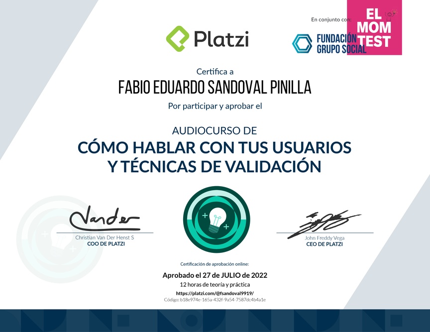 Diploma de Audiocurso Cómo Hablar Con Tus Usuarios y Técnicas de Validación