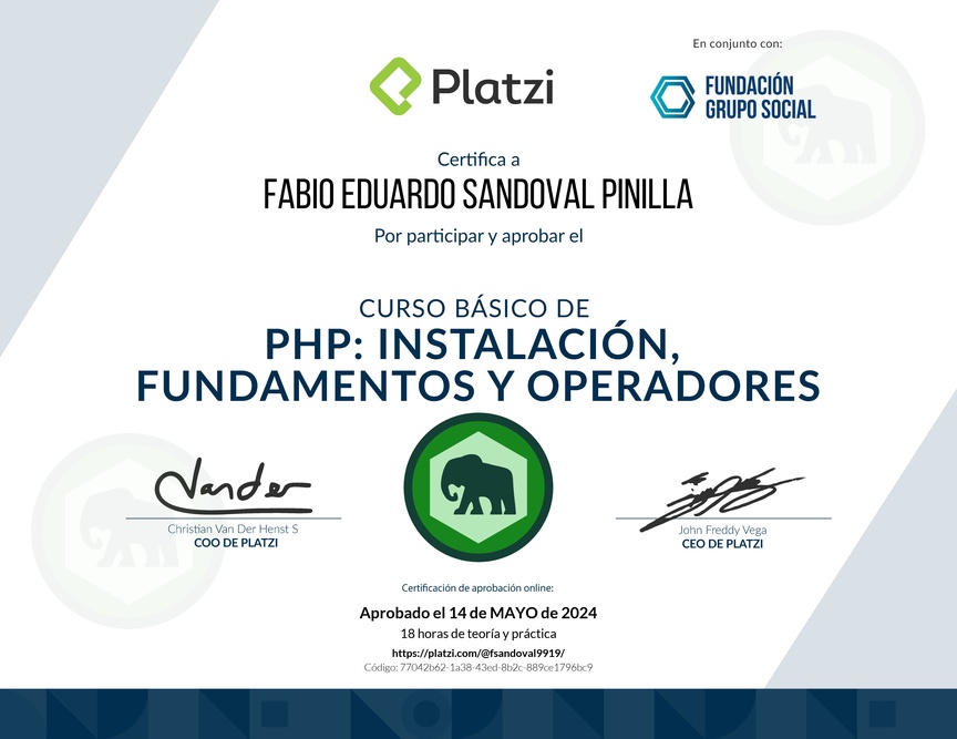 Diploma del Curso Básico de PHP: Instalación, Fundamentos y Operadores