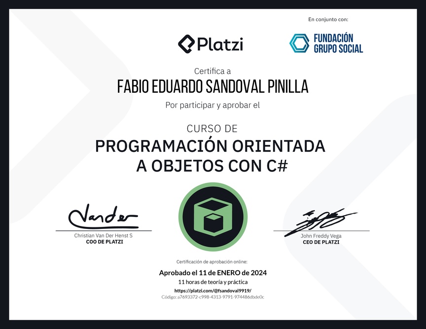 Diploma del Curso de Programación Orientada a Objetos con C#
