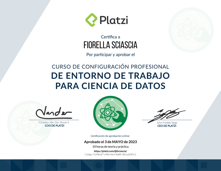 Diploma del Curso de Configuración Profesional de Entorno de Trabajo para Ciencia de Datos