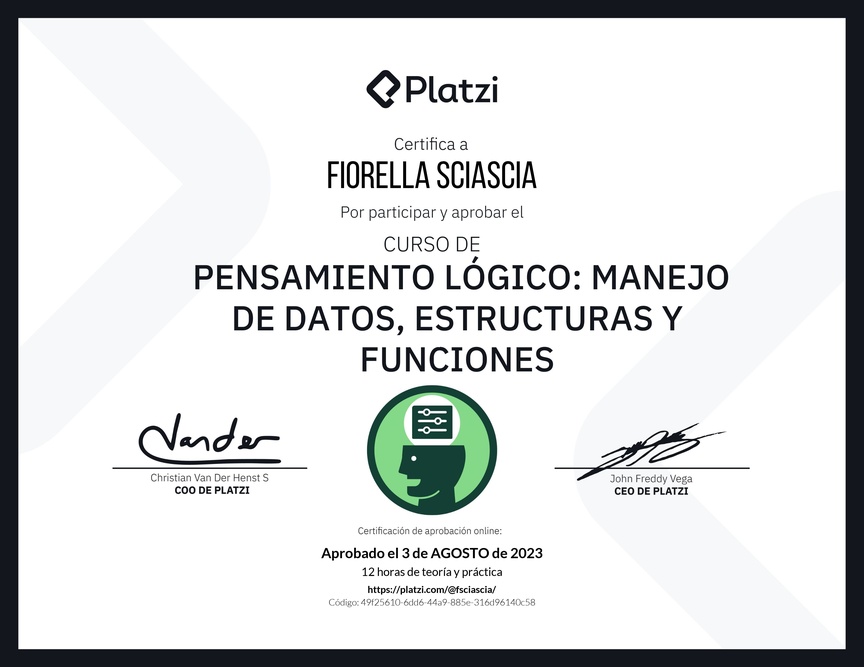 Diploma del Curso de Pensamiento Lógico: Manejo de Datos, Estructuras y Funciones