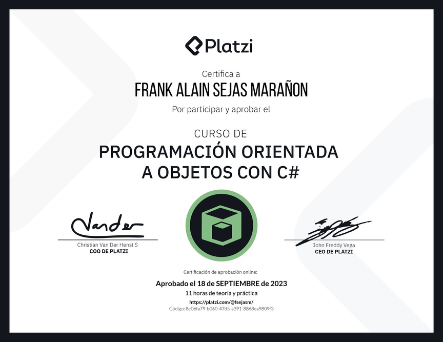 Diploma del Curso de Programación Orientada a Objetos con C#