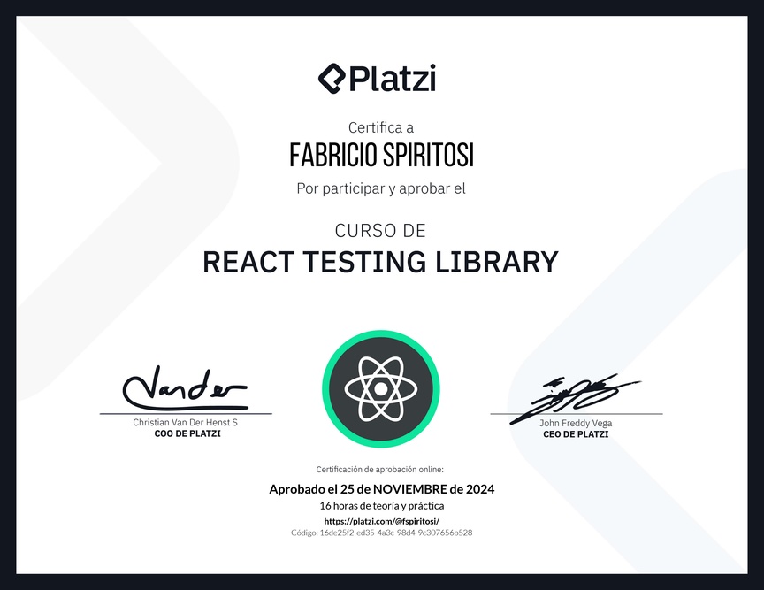 Diploma del Curso de React Testing Library