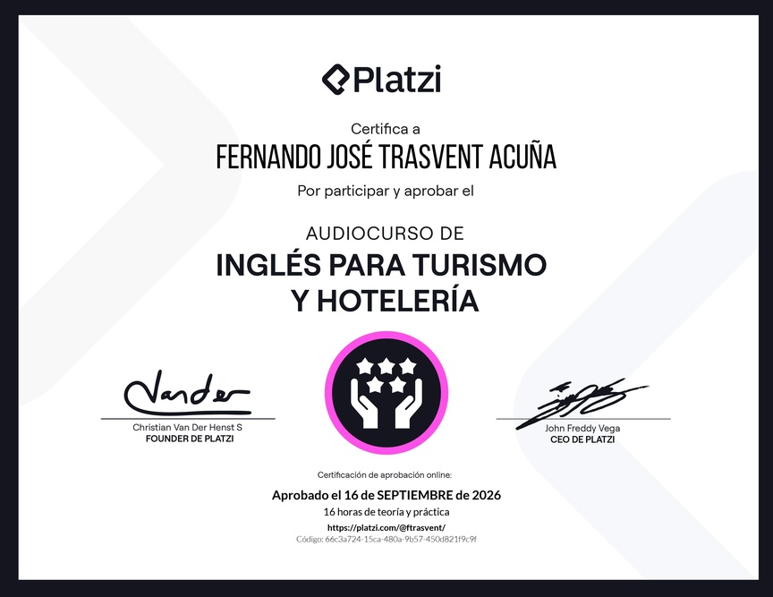 Diploma de Audiocurso de Inglés para Turismo y Hotelería