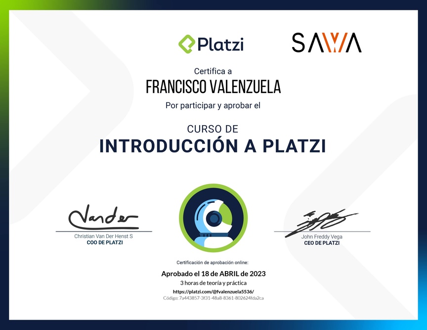 Diploma del Curso de Introducción a Platzi 🇨🇱