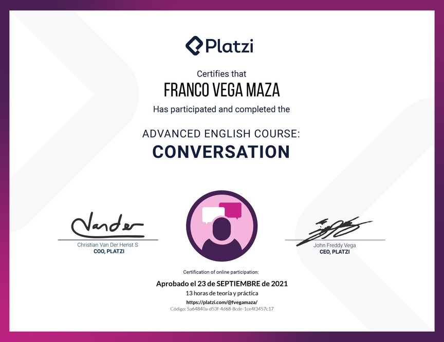 Diploma del Curso de Inglés Avanzado: Conversación 2020