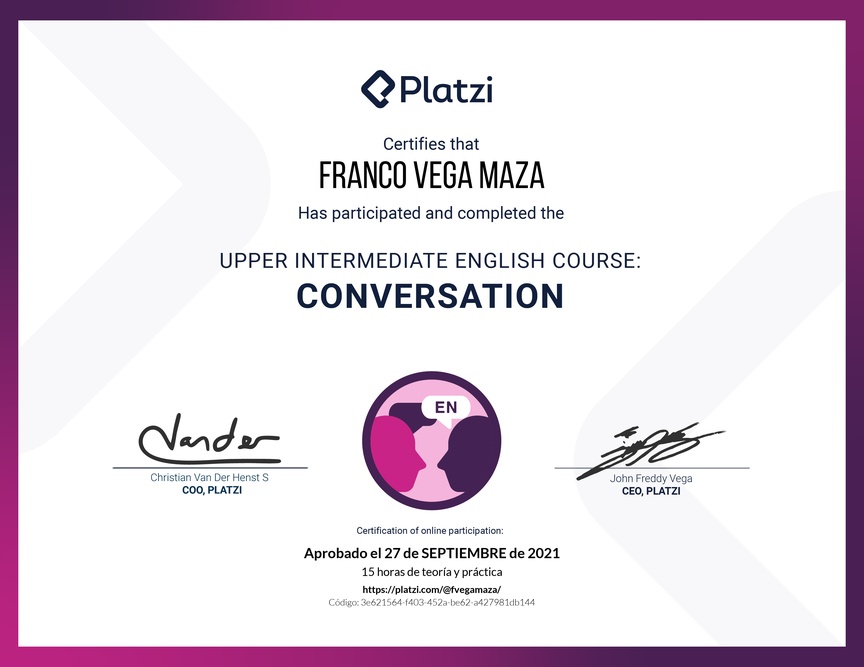Diploma del Curso de Inglés Intermedio Alto: Conversación 2020