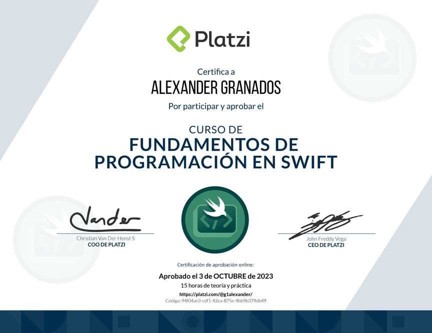 Diploma del Curso de Introducción a Swift (2019)