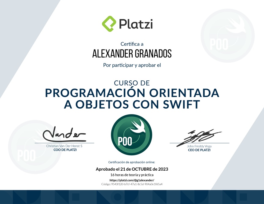 Diploma del Curso de Programación Orientada a Objetos en Swift