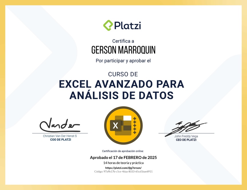 Diploma del Curso de Excel Avanzado para Análisis de Datos