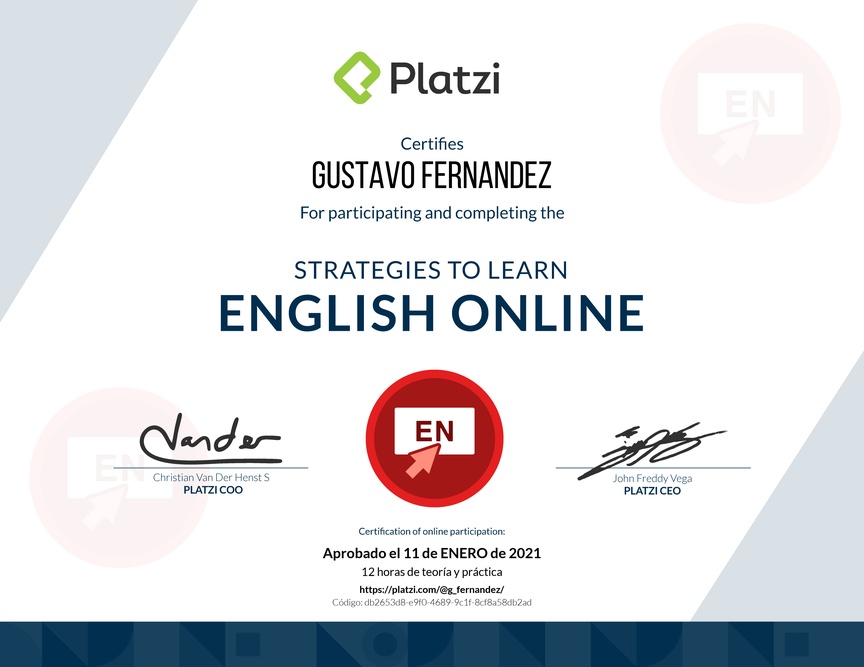 Diploma del Curso de Estrategias para Aprender Inglés Online 2020