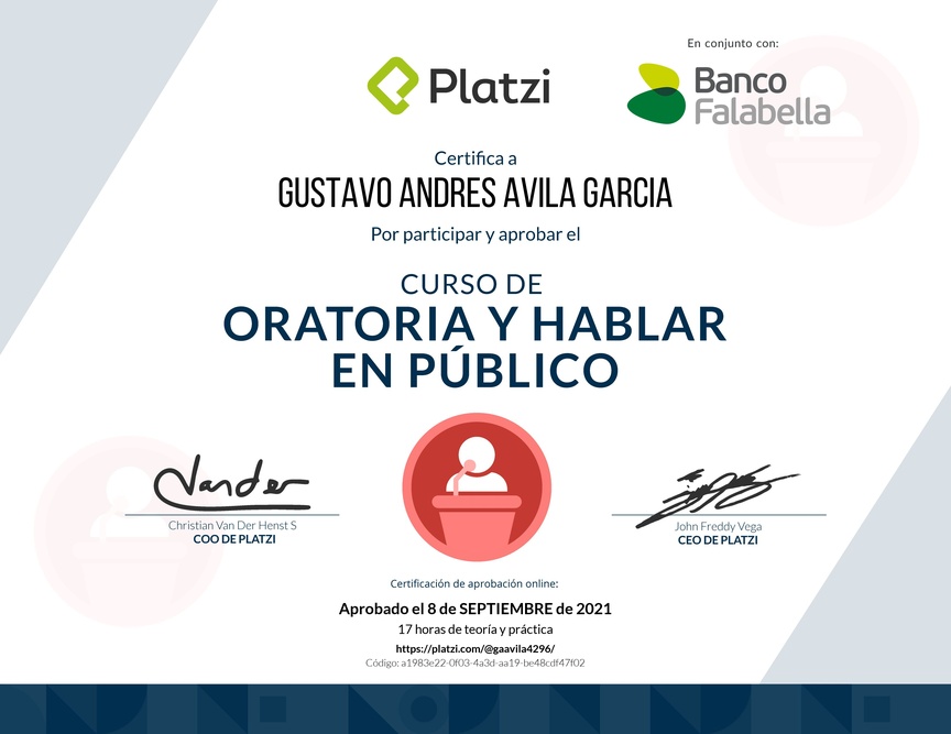 Diploma del Curso de Oratoria para Hablar en Público