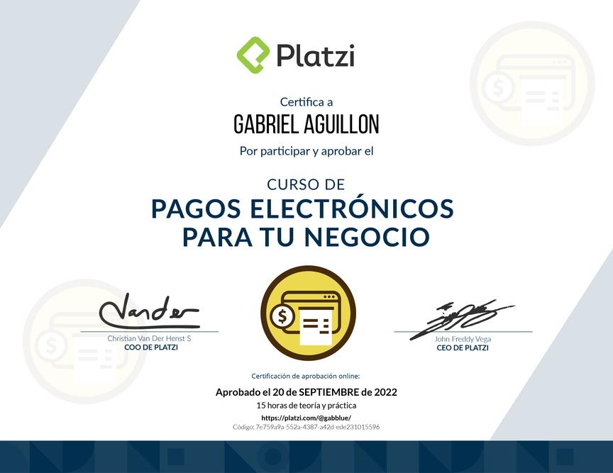 Diploma del Curso de E-Commerce para Implementar Pagos Electrónicos