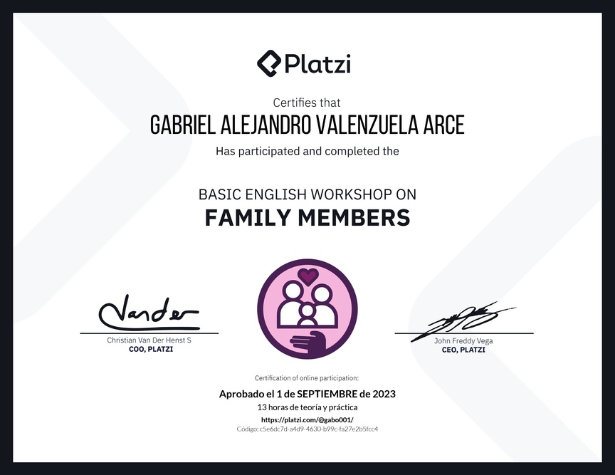 Diploma del Curso de Inglés Práctico sobre los Miembros de la Familia