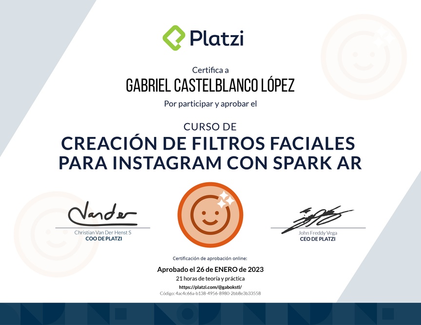 Diploma del Curso de Creación de Filtros Faciales para Instagram con Spark AR