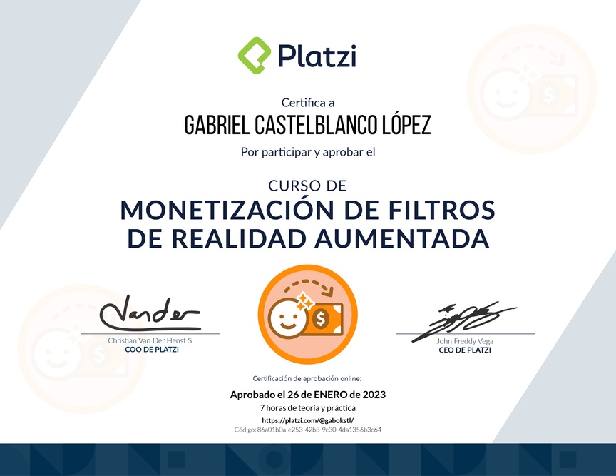 Diploma del Curso de Monetización de Filtros de Realidad Aumentada